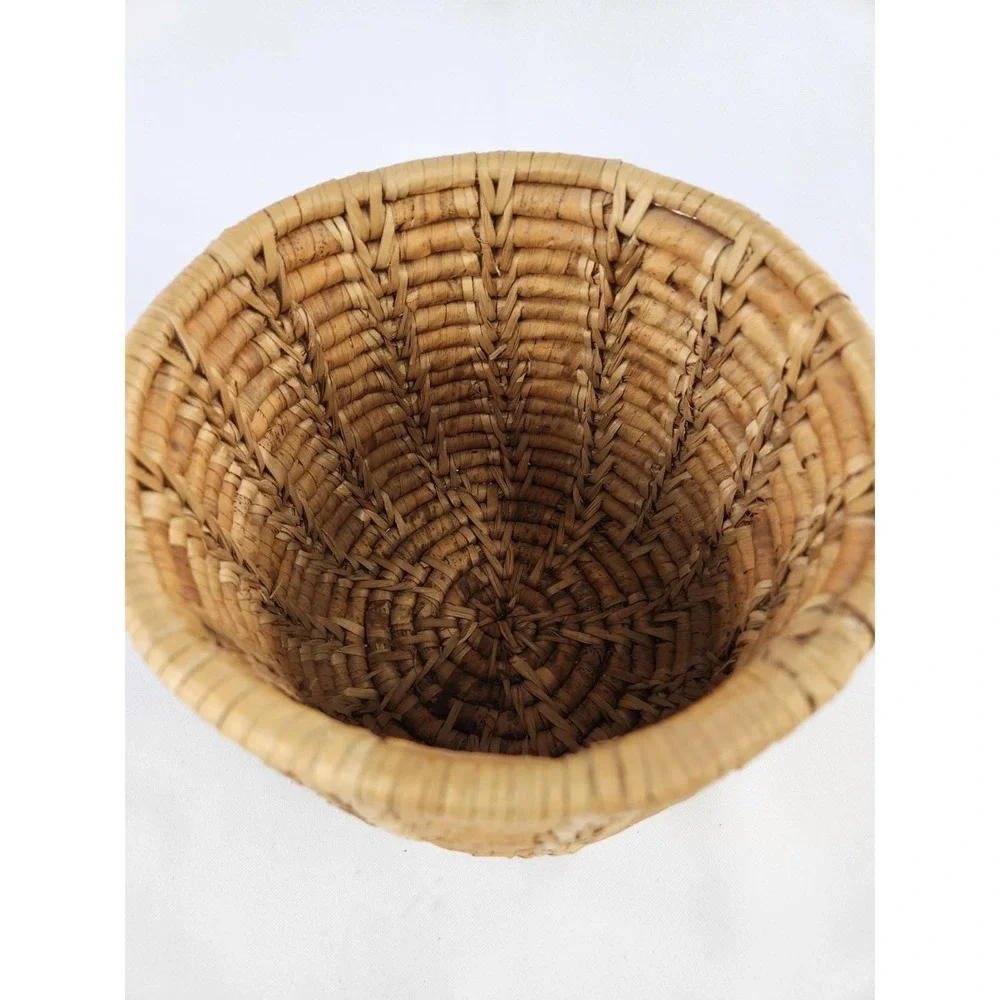 Vintage Primitive Coil Basket Grass Hand Woven Brown Tan Planter Pot Decor Thick